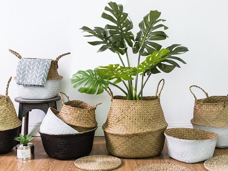 EGODAN Woven Seagrass Belly Planter Basket With Plastic Liner - Indoor/Outdoor, Natural