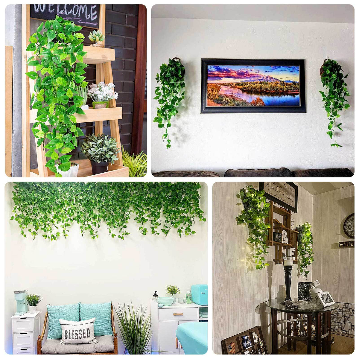 3 Pack Green Silk Pothos Artificial Hanging Plants, Fake Foliage Ivy Vine  Garland Vines