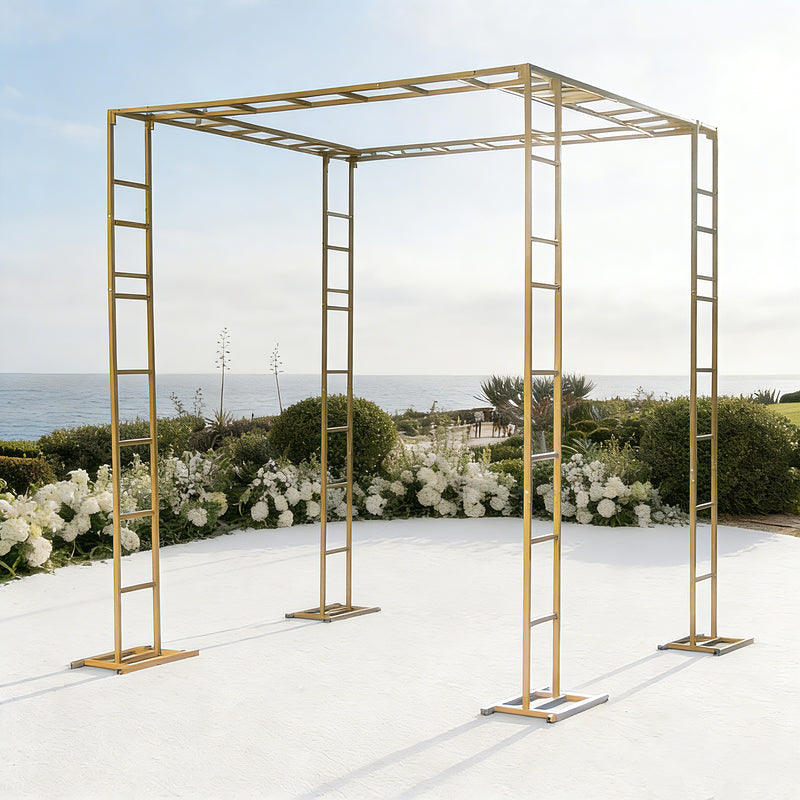 Gold Metal Arch & Canopy Frame – Rectangular 8ft x 10ft Heavy-Duty 4-Post Ladder-Style Backdrop Stand, Height Adjustable & Portable