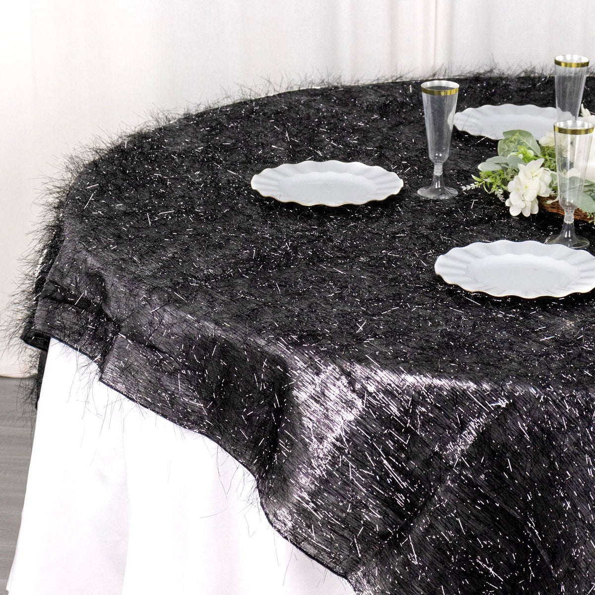 Metallic Fringe Shag Tinsel Square Polyester Table Overlay 72" – eHomemart