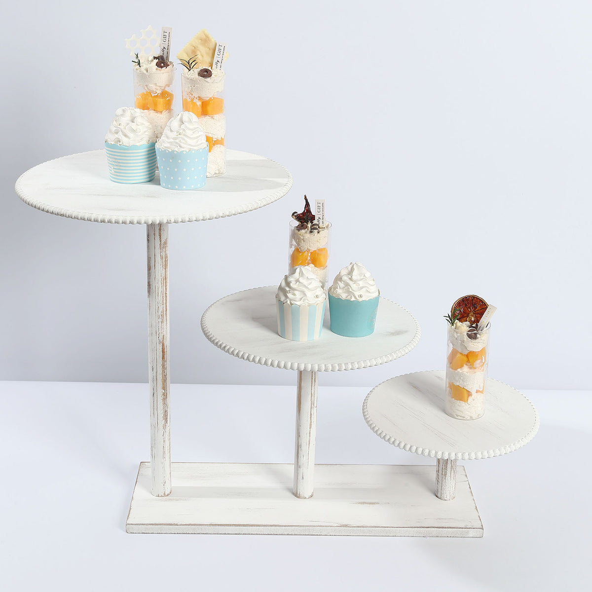 3-Tier Whitewash Wooden Pedestal Riser With Round Beaded Rim Trays, Rustic Tower Dessert Display ...