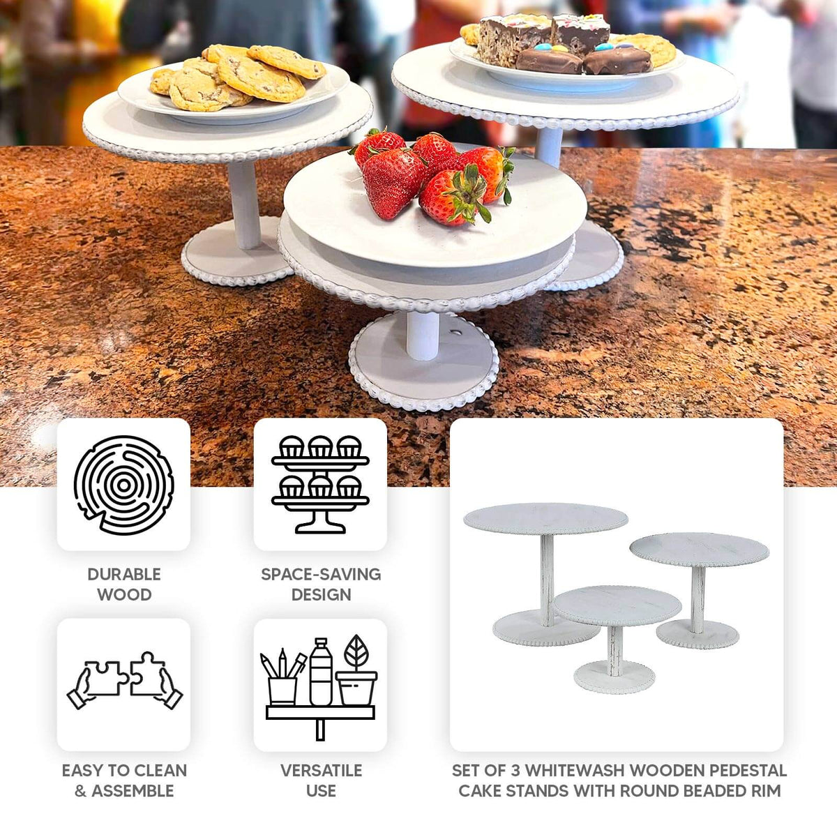 Set of 3 Whitewash Wooden Pedestal Risers with Round Beaded Rim Trays ...