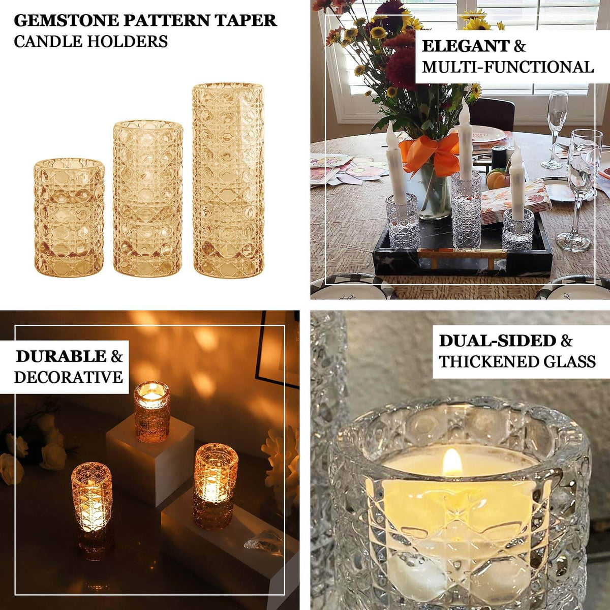 Set of 3 Glass Taper Candle Holders with Gemstone Pattern, Dual Sided Crystal Cylinder Tealight ...
