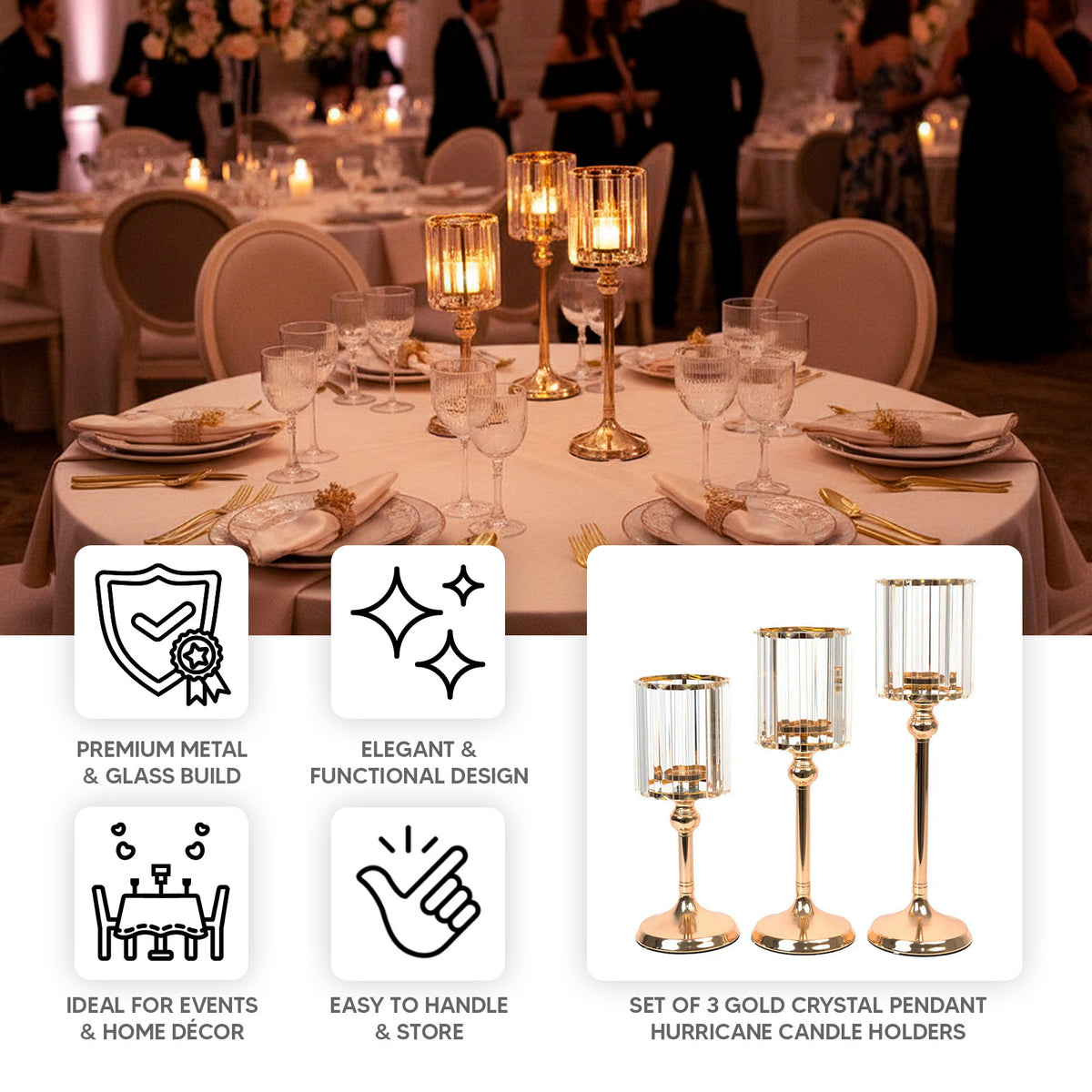 Set of 3 Gold Crystal Pendant Hurricane Candle Holders 11",13",15 ...
