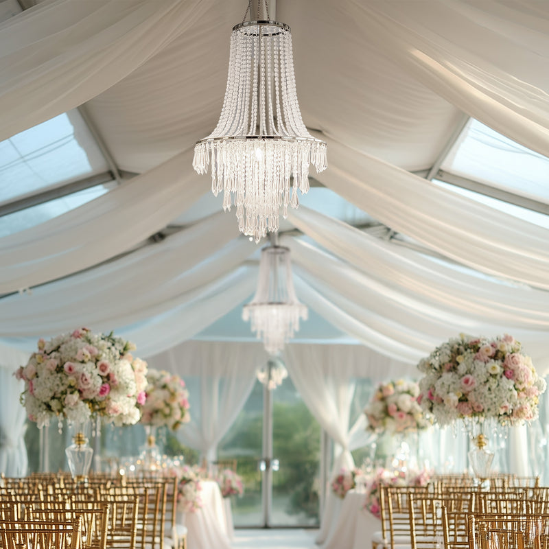 Fountain Style Crystal Beaded Chandelier – 2ft Hanging Pendant Light with Silver Metal Frame & Hook Chain, Elegant Tiered Design