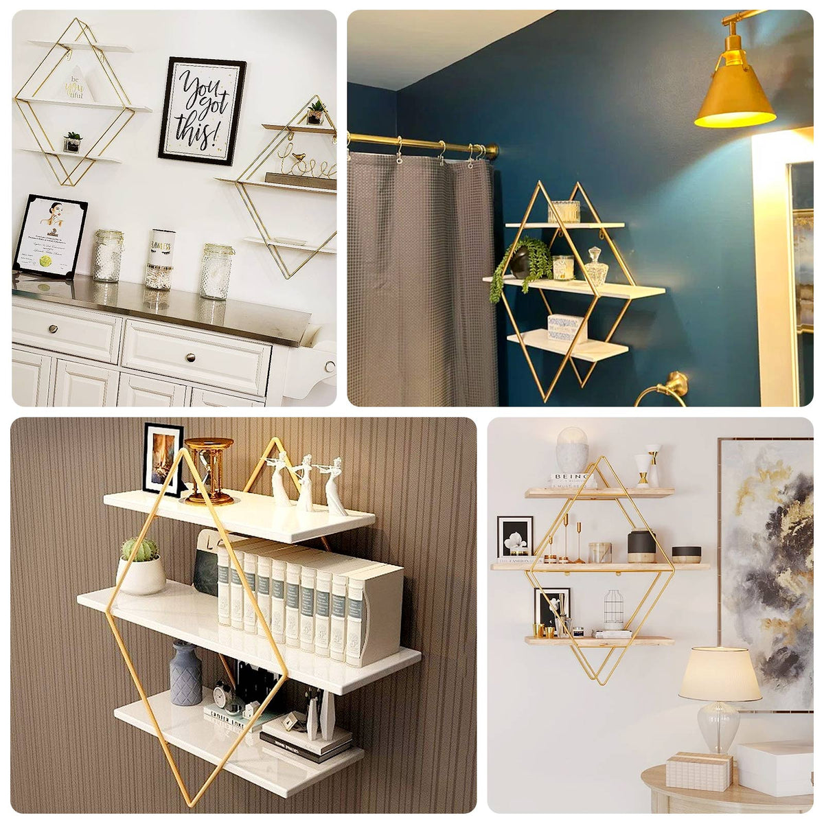 Geometric Diamond Shaped 3 Tier Gold Metal Wall Hanging Display Shelf Dessert Stand Rack Bookshelf With White Wood Panels 31