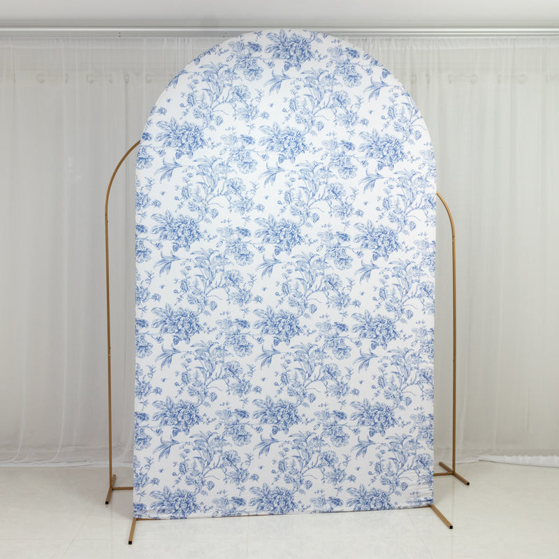 Spandex Fitted Chiara Backdrop Cover – French Toile Floral Round Top Arch Slipcover 8ft