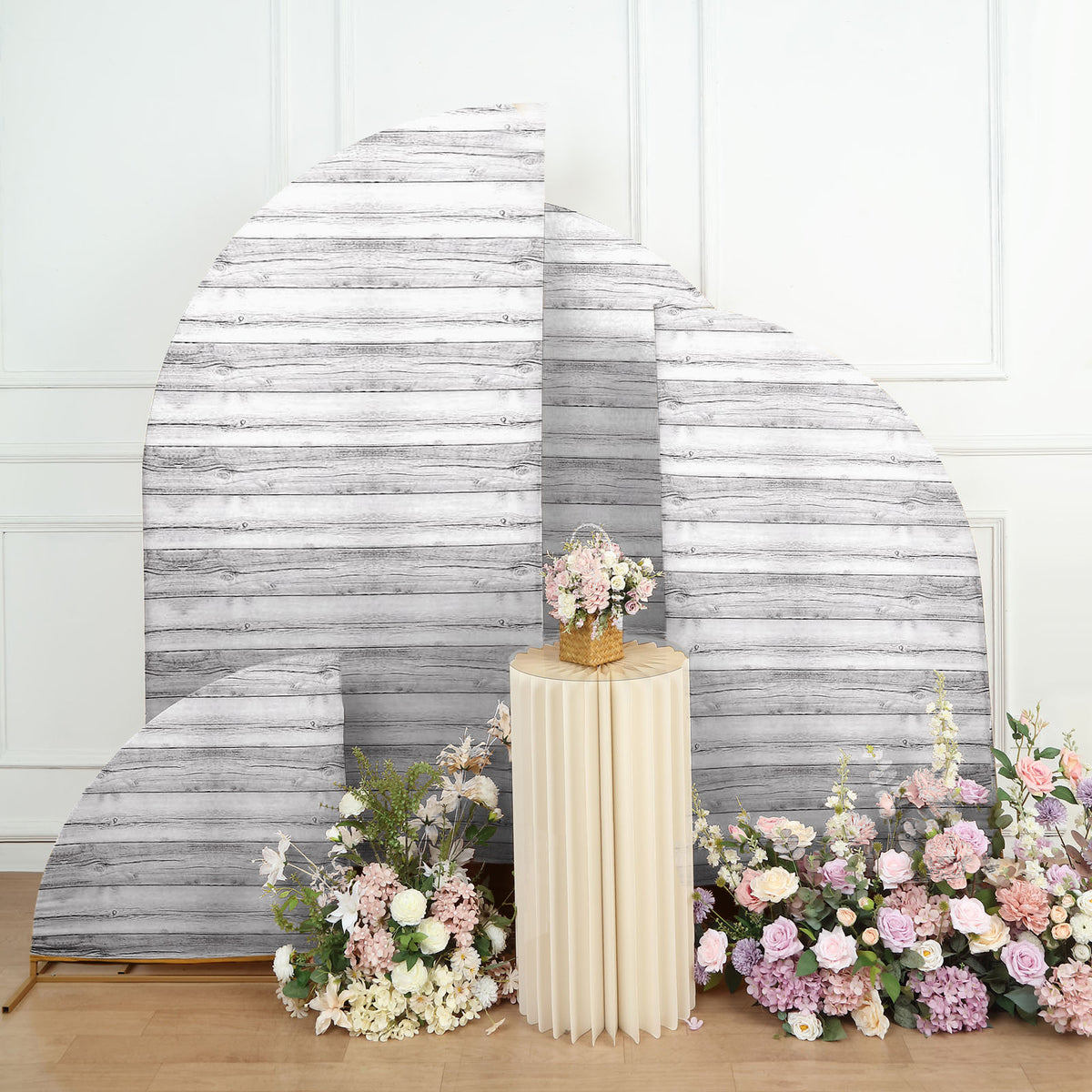 Set of 4 Spandex Chiara Backdrop Stand Covers With Rustic Wood Print, Fitted Covers For Half ...