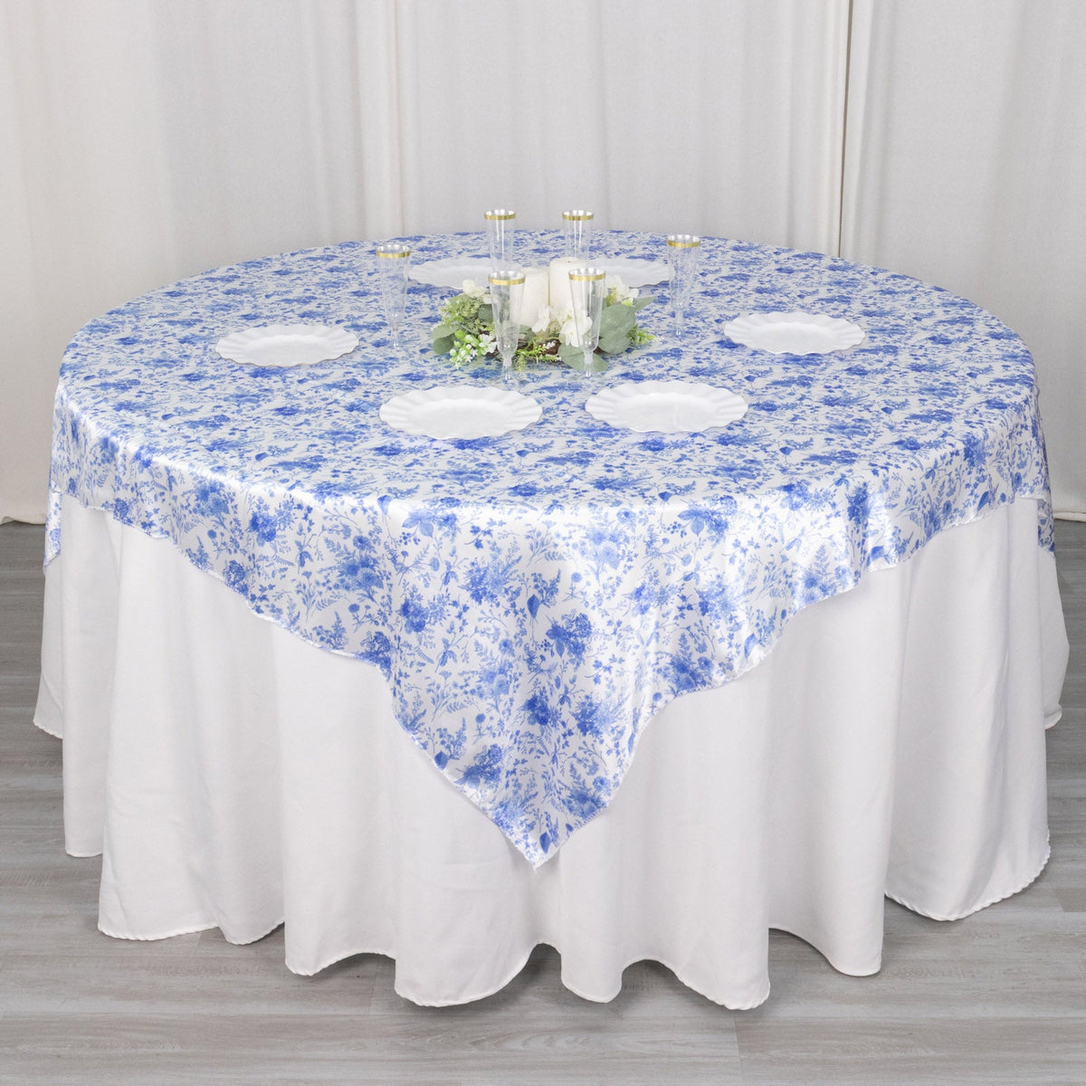 White Blue French Toile Floral Satin Table Overlay, Square Tablecloth Topper 72"x72" | eHomemart