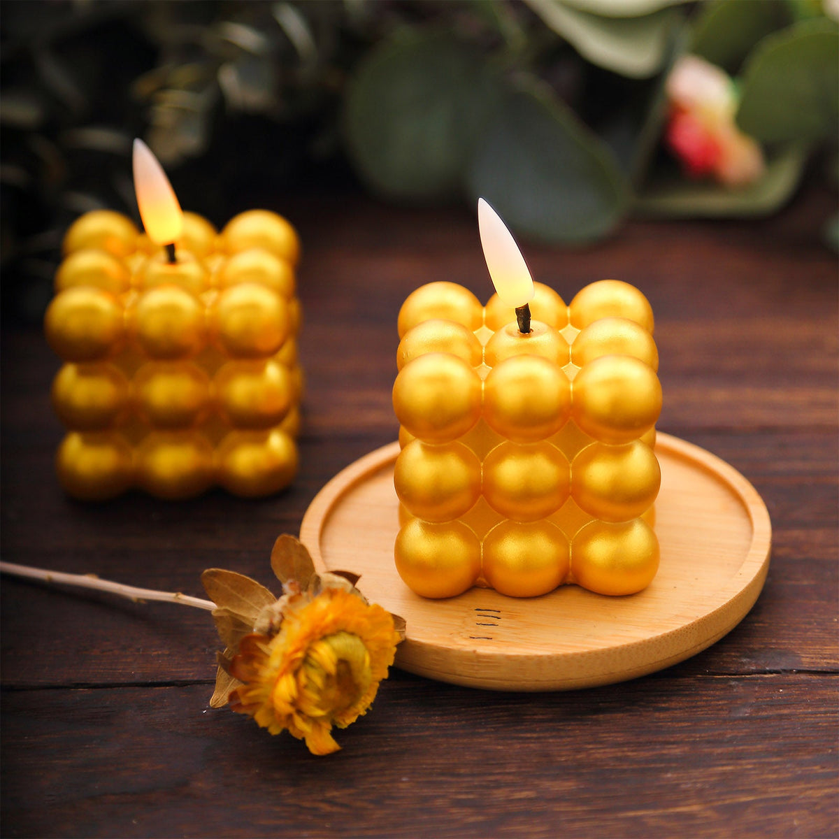 2 Pack Metallic Gold Mini Bubble Cube Flameless LED Candles, Battery  Operated Decorative Candles 2