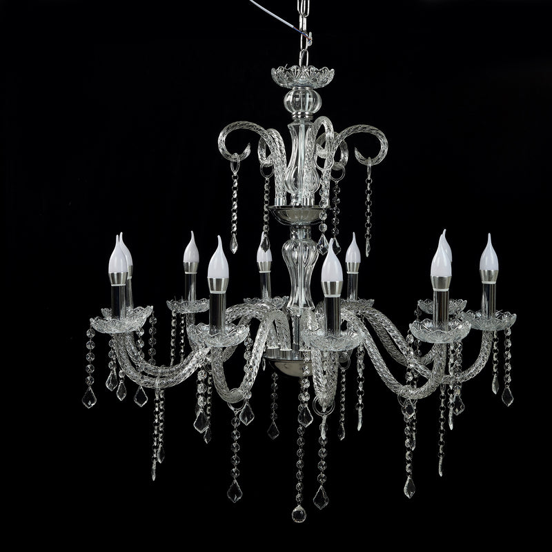 Crystal Chandelier with 15 LED Candle Bulbs – Silver 2-Tier Acrylic Ceiling Light Fixture with Illuminated Upper and Lower Layers for Dining Room or Entryway – 2.5ft