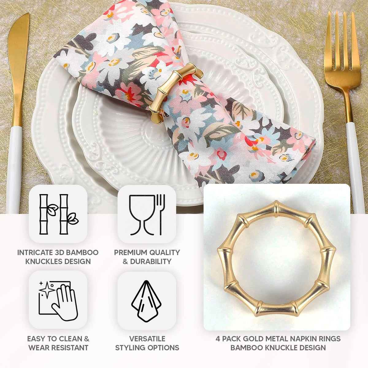 4 Pack Gold Metal Napkin Rings Bamboo Knuckle Style, Modern Serviette ...