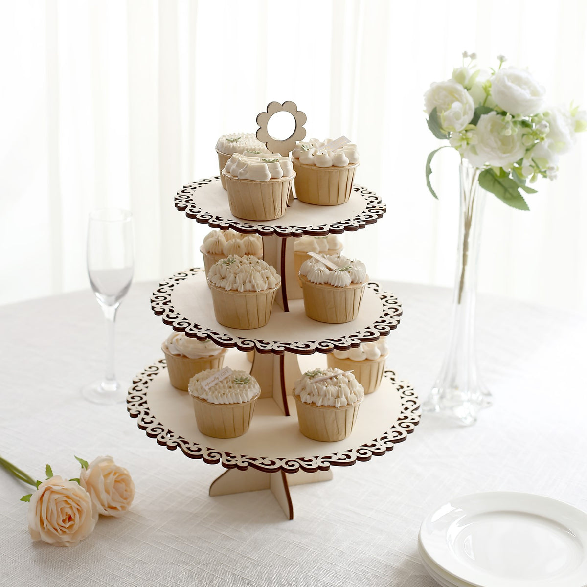 3-Tier Natural Wooden Dessert Display Stand with Floral Edge, Rustic R ...