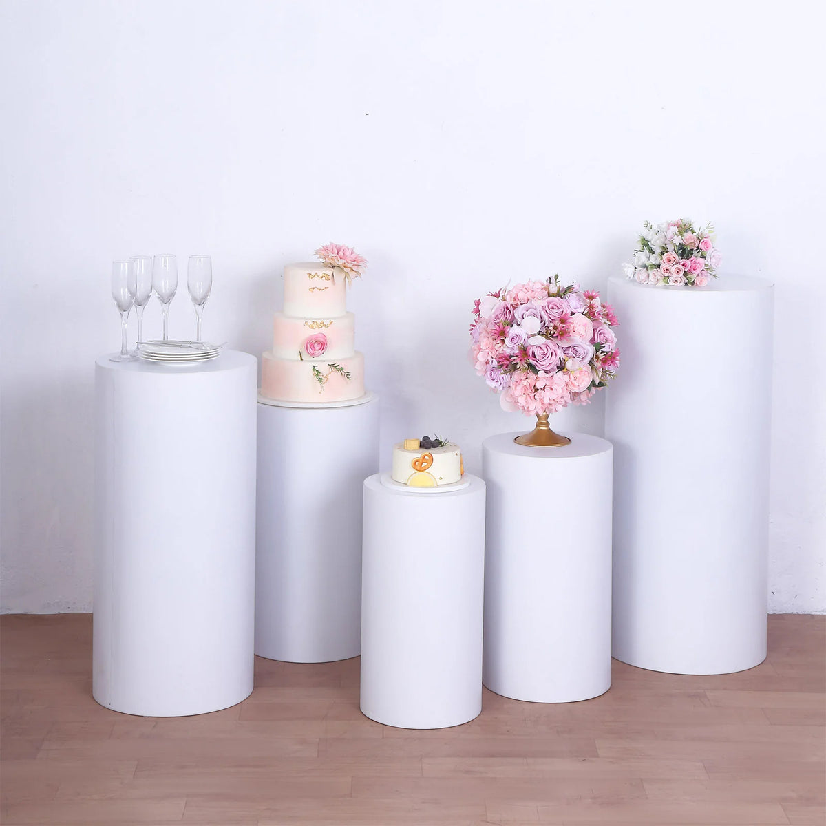 Set of 5 White Metal Cylinder Pillar Prop Stands For Aisle, Round Plinth Pedestal Display Boxes ...