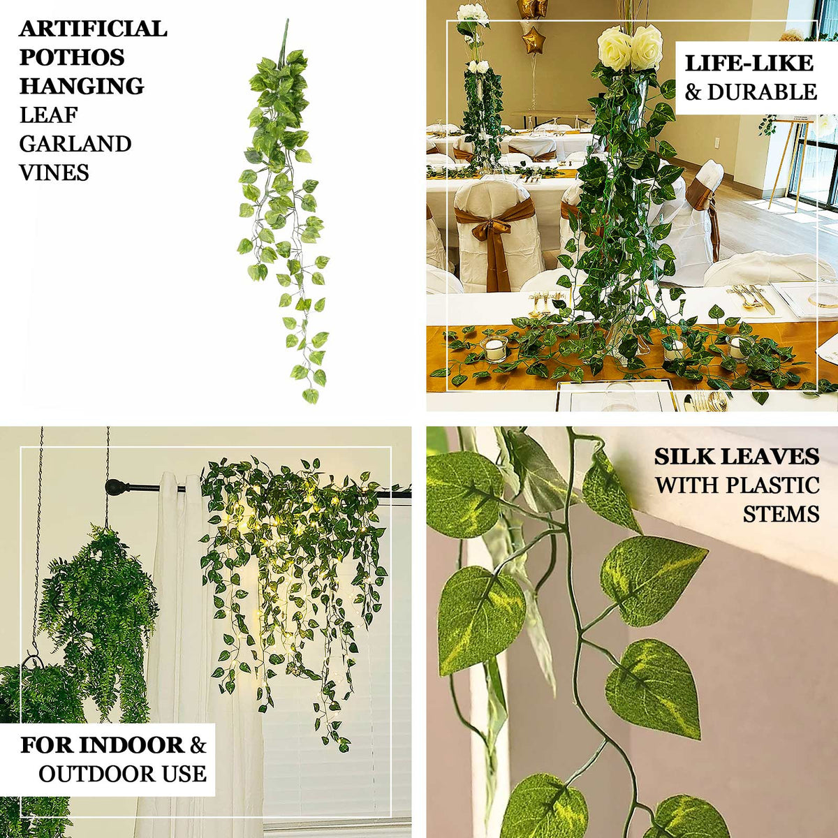 fake plant with hanging leaves 4-Pack Green Pothos Artificial Ivy Vine Hanging Plants, 3Ft Fake Foliage Silk Leaves Garland