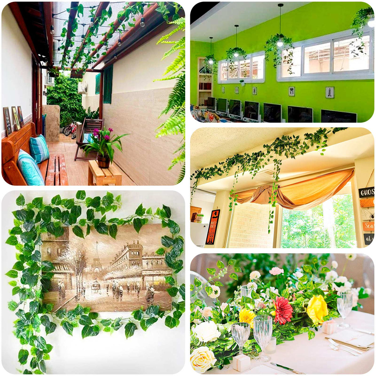 artificial green hanging plants 4-Pack Green Pothos Artificial Ivy Vine Hanging Plants, 3Ft Fake Foliage Silk Leaves Garland