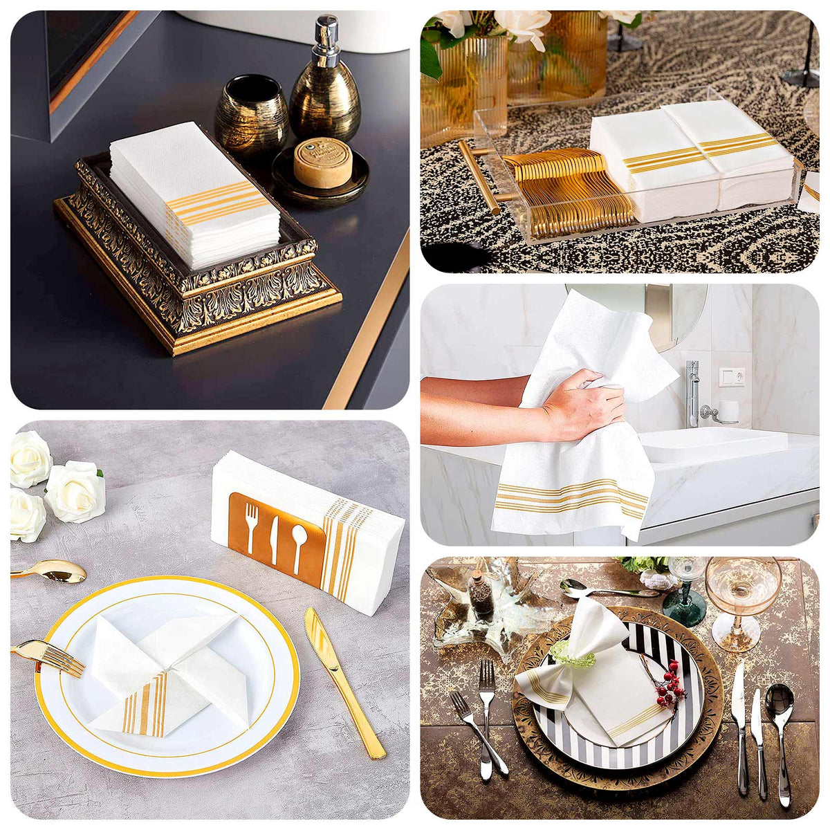 20 Pack White Gold Soft Linen-Like Paper Napkins With Gold Lines, Highly Absorbent Disposable ...
