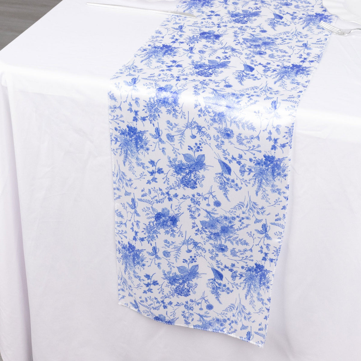 White Blue Satin Table Runner in French Toile Floral Pattern - 12"x108 ...