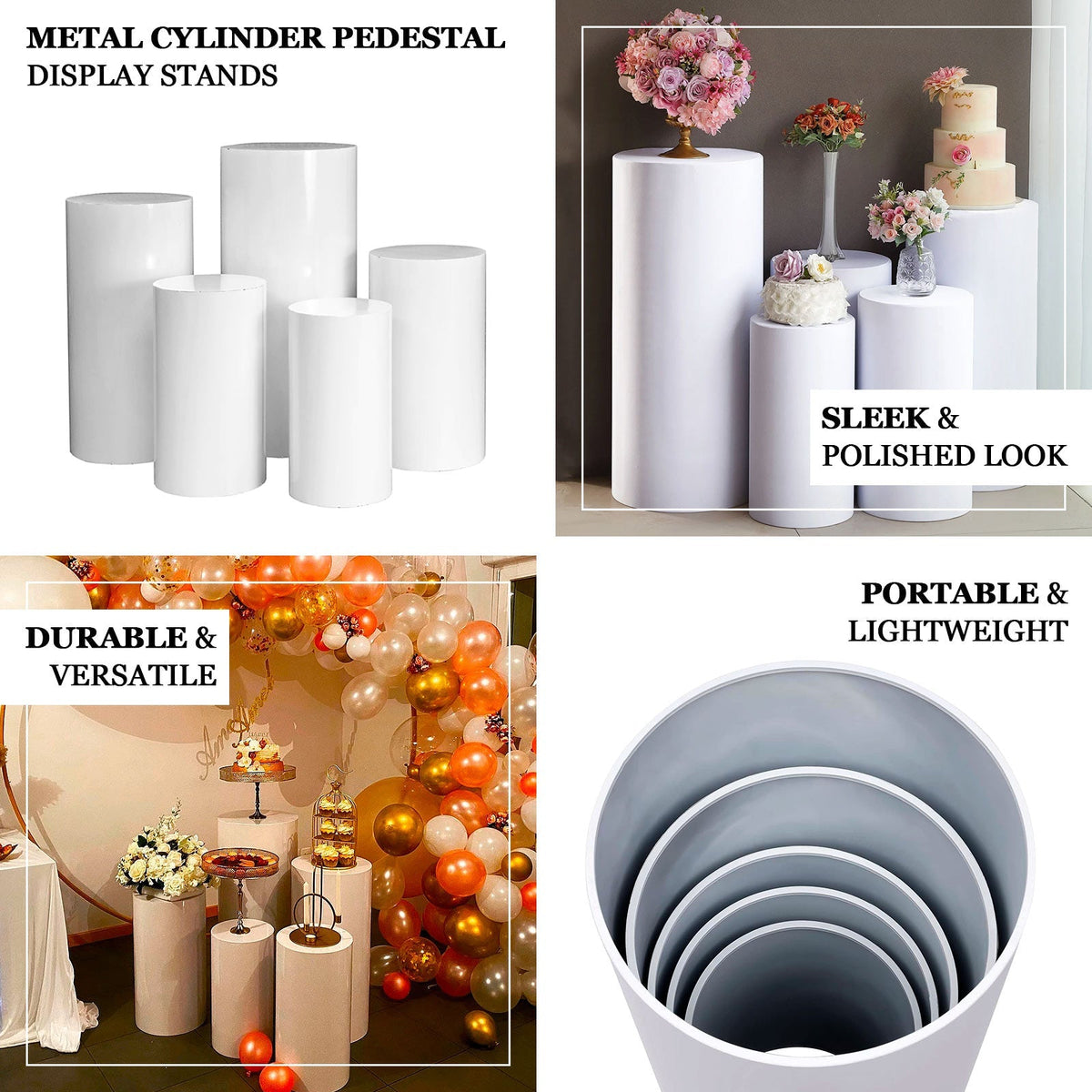 Set of 5 White Metal Cylinder Pillar Prop Stands For Aisle, Round Plinth Pedestal Display Boxes ...