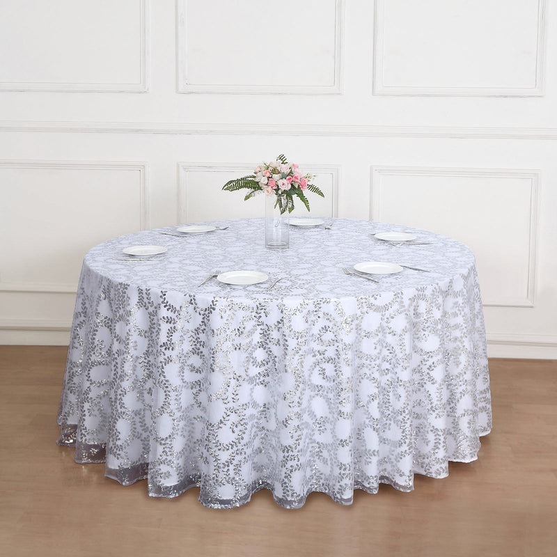 Sequin Leaf Embroidered Seamless Tulle Round Tablecloth, Sheer Table Overlay 120