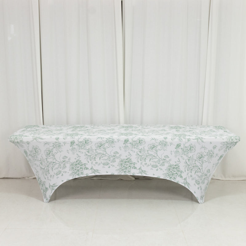 Spandex Fitted Rectangle Tablecloth 8ft – French Toile Wrinkle-Free Stretch Table Cover