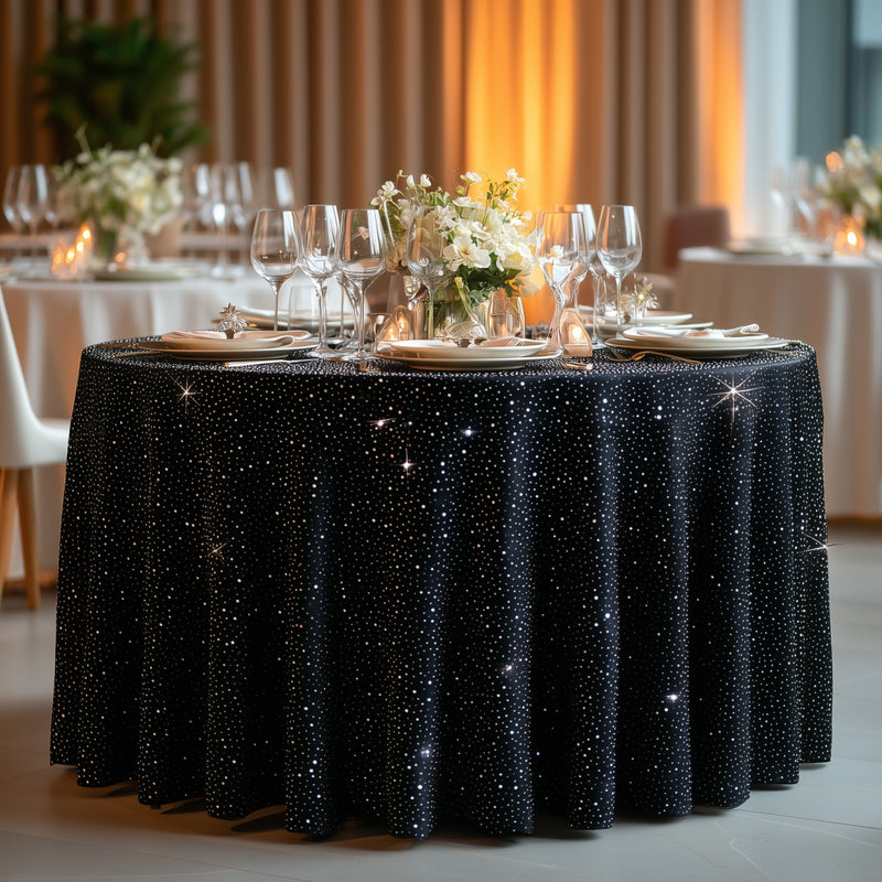 Scuba Round 120″ Tablecloth with Rhinestone Accents – Wrinkle-Free, Stain-Resistant & Seamless Luxury Table Cover