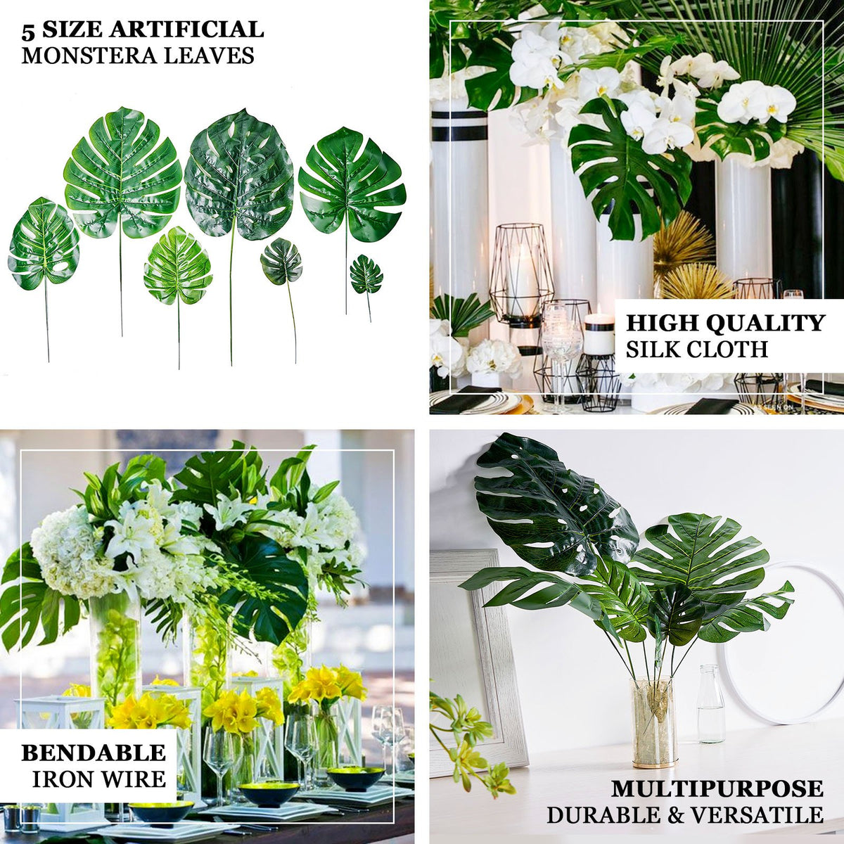 artificial monstera leaves 6 Stems Assorted Green Artificial Silk Tropical Monstera Leaf Plants