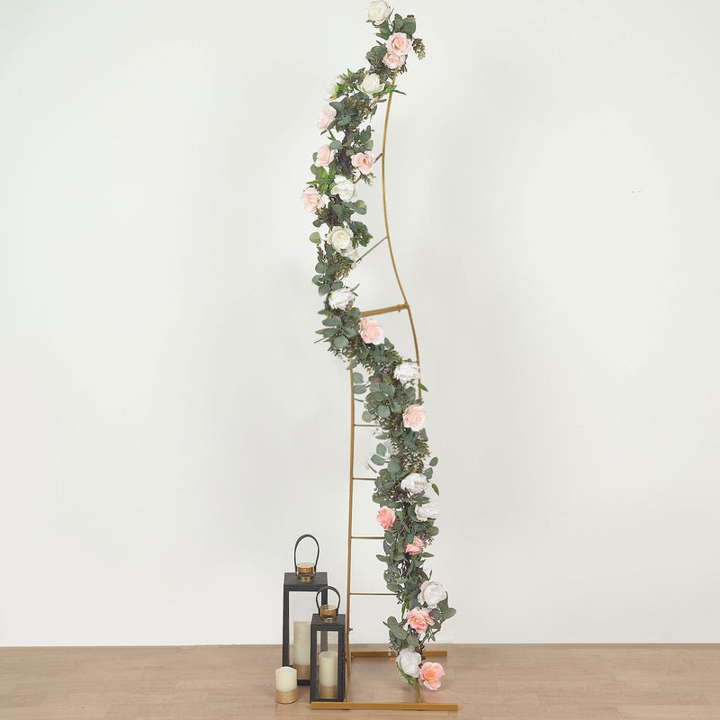 Gold Metal Curved Flower Frame Stand, Photo Backdrop Balloon Arch Stand, Collapsible With Solid Rectangular Base 8ft