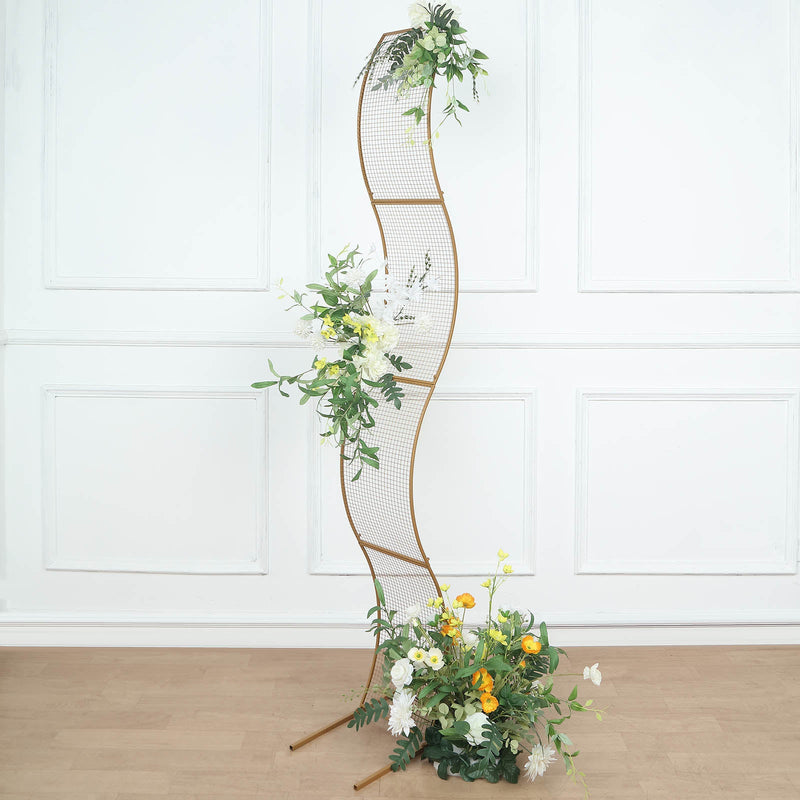 Gold Metal Lattice Wavy Grid Design Arch Backdrop Stand, S-Shaped Flower Frame Display Decoration 7ft