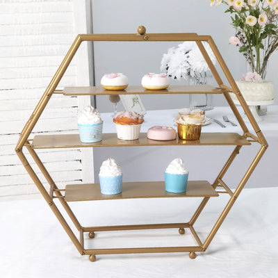 gold cupcake stand, 3 tier cupcake stand, metal cupcake stand, hexagon cupcake stand, dessert display stands#color_gold