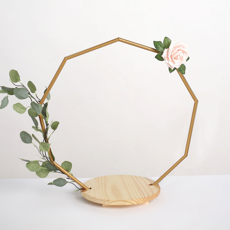Gold Nonagon Metal Arch Riser, Floral Centerpieces Display Stand With Wooden Base
