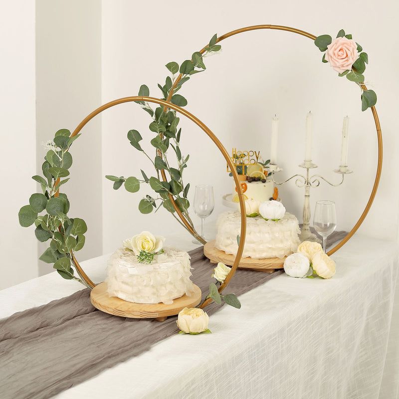 Gold Round Metal Arch Riser, Floral Centerpieces Display Stand With Wooden Base