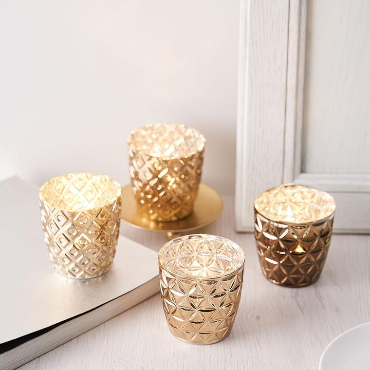 6 Pack Mercury Glass Votive Candle Holders, Tealight Candle Holders - Assorted Geometric Designs 3