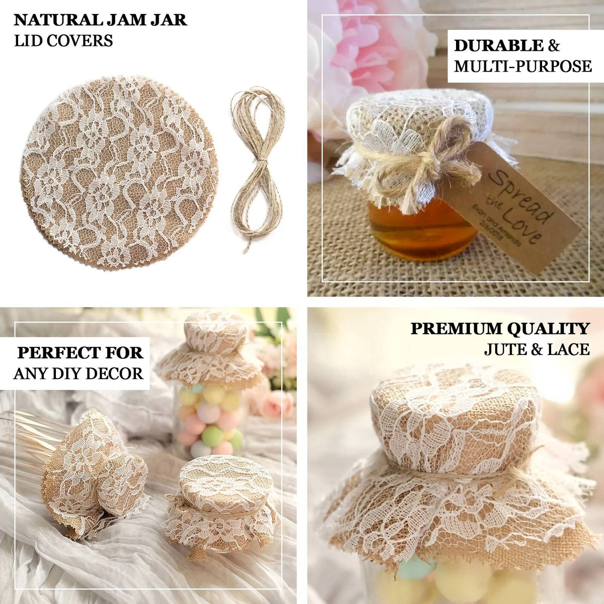 6 Natural 6 in Round Burlap and White Lace Jar Covers with Jute String