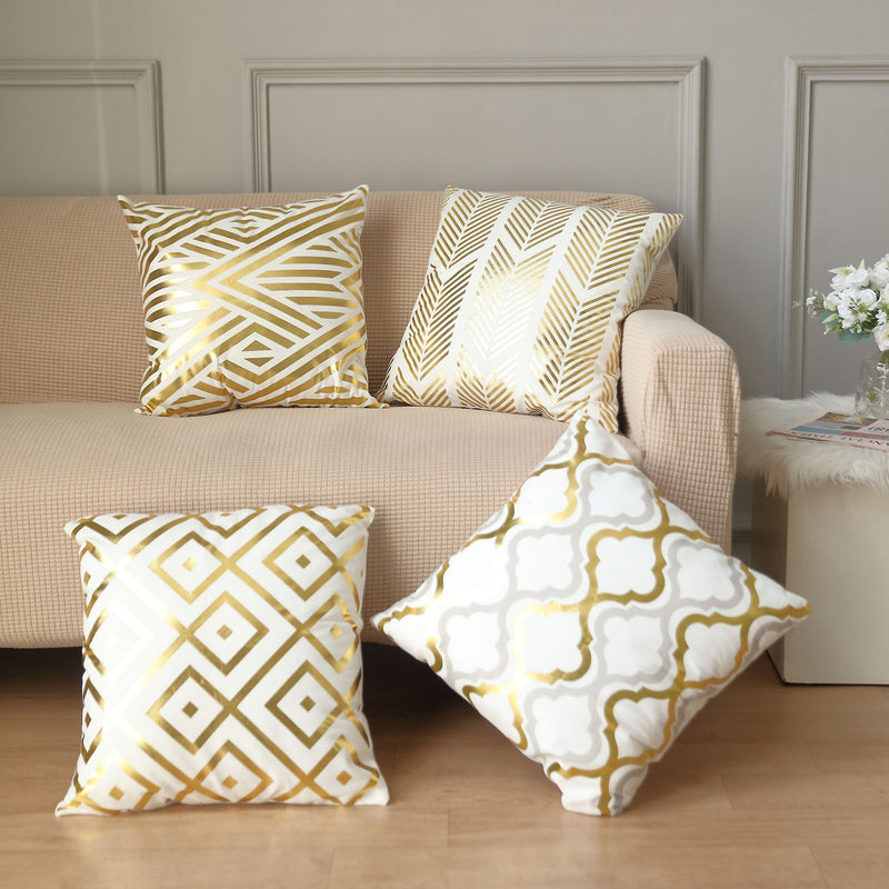 Set Of 4 White/Gold Foil Geometric Print Throw Pillow Covers, Velvet Square Sofa Cushion Covers 18