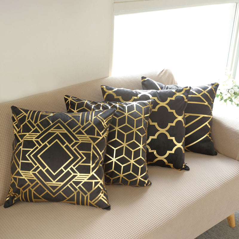 Set Of 4 Black/Gold Foil Geometric Print Throw Pillow Covers, Velvet Square Sofa Cushion Covers 18