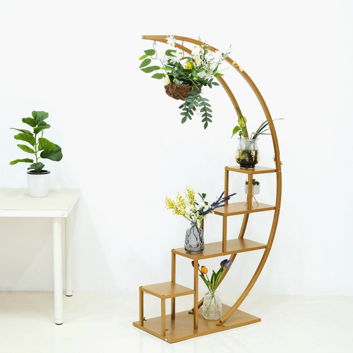 gold indoor plant stand 4.5Ft Gold Metal 4-Tier Half Moon Cupcake Dessert Display Stand, Hanging Plant Rack With Shelves