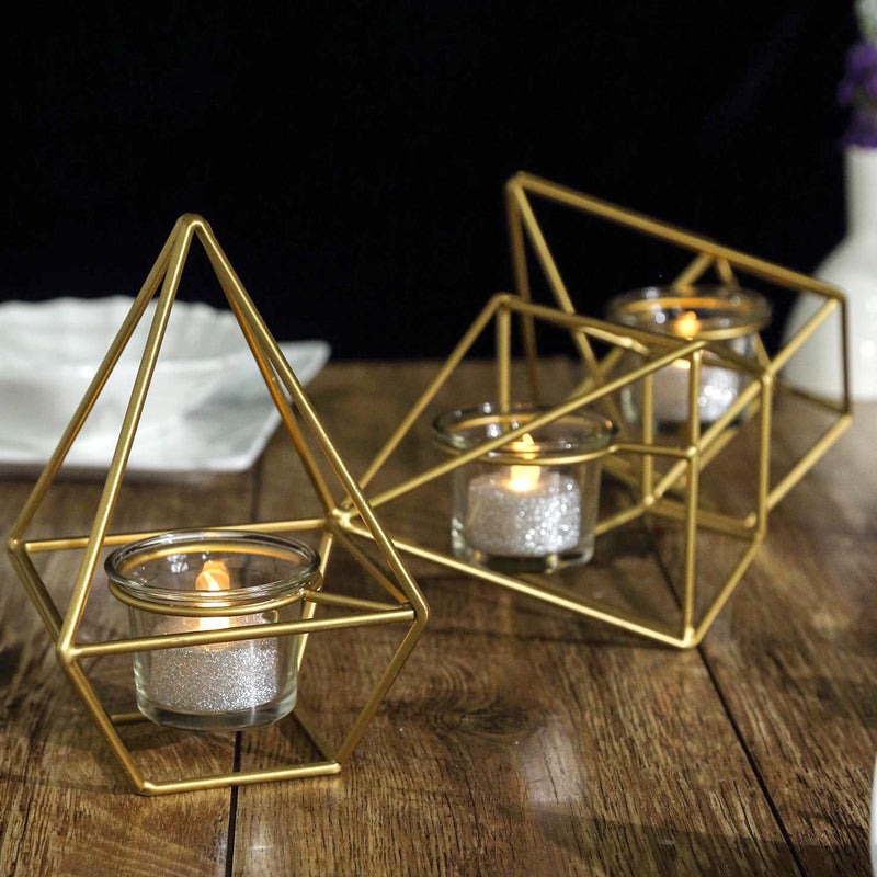 Geometric Candle Holder Set - Linked Metal Geometric Centerpieces with Votive Glass Holders 16
