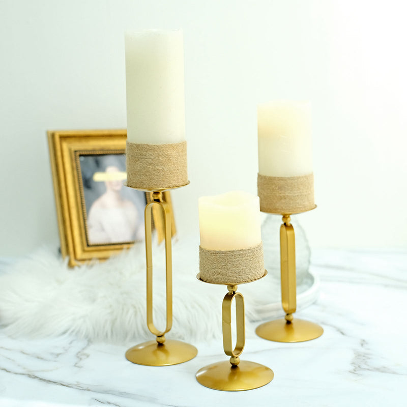 Set of 3 Gold Metal Oval Frame Pillar Candle Holder Stands, Geometric Table Centerpieces - Assorted Sizes
