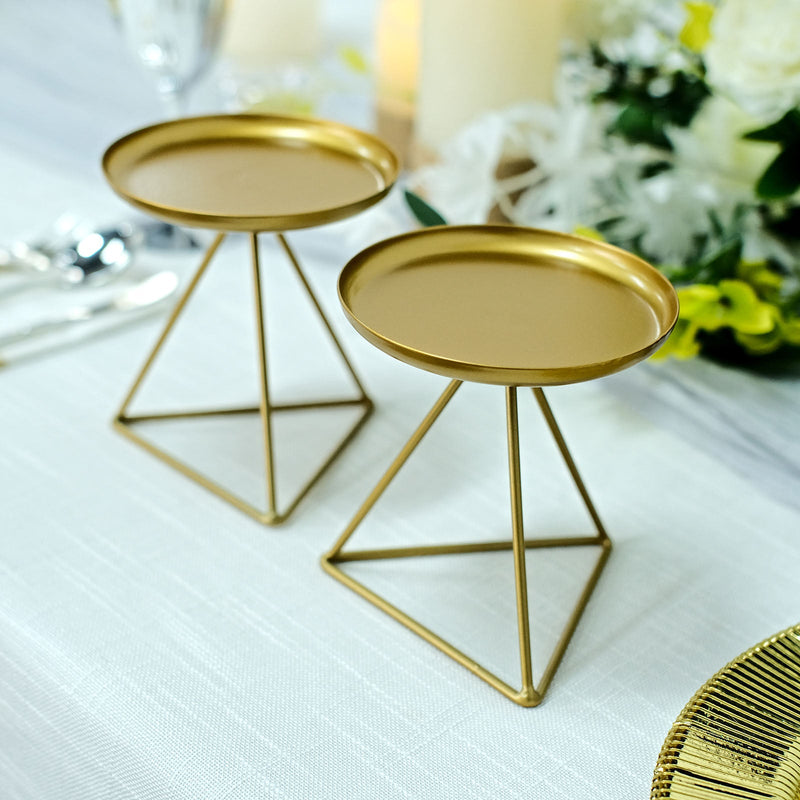 2 Pack Gold Metal Triangle Base Pillar Candle Holder Stands, Geometric Candle Centerpieces 5