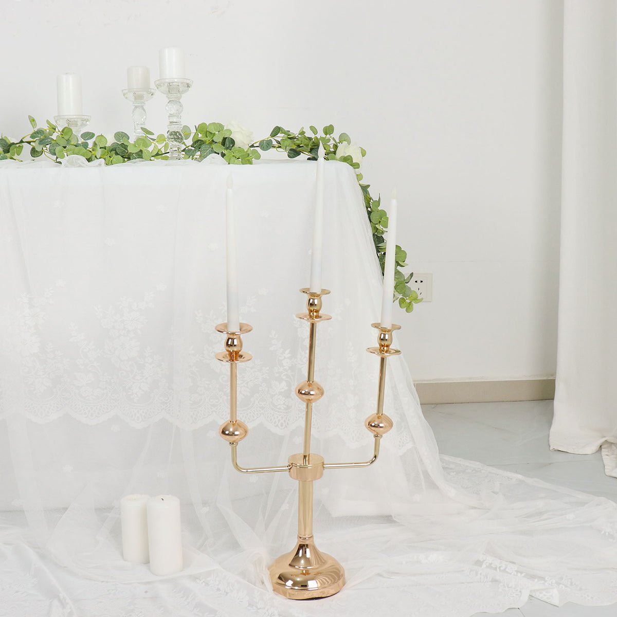 SOFE White Metal 3 Arm Candelabra, Rustic Fireplace Candle