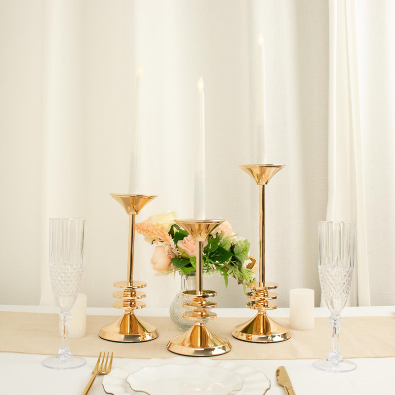 Set of 3 Gold Metal Taper Candlestick Holders, 3 Disk Pedestal Design Candle Stands 9