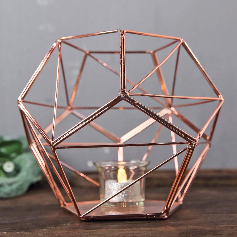 Metal Pentagon Prism Tealight Candle Holder, Open Frame Geometric Flower Stand 7