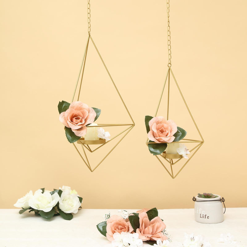 Set of 2 | Hanging Diamond Tealight Candle Holders, Open Frame Metal Geometric Flower Terrariums - 12