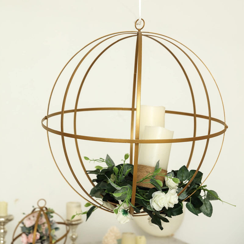 Gold Wrought Iron Open Frame Centerpiece Ball, Candle Holder Floral Display Hanging Sphere