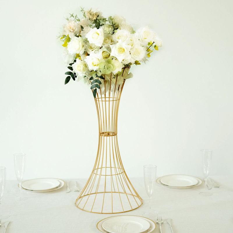 Gold Metal Wire Trumpet Shaped Flower Centerpiece Stand, Hourglass Open Frame Reversible Pedestal Prop