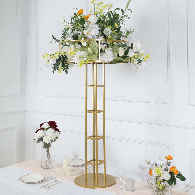 Gold Metal Large Open Frame Floral Riser Centerpiece, Grand Halo Top Flower Display Stand Pedestal 46