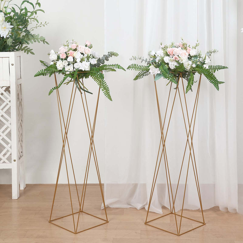 2 Pack Gold Geometric Crisscross Metal Frame Centerpieces, Open Column Pedestal Flower Stands 32