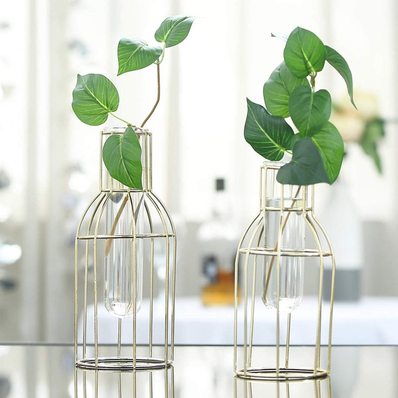 Set of 2 Bottle Shaped Gold Metal Frame Test Tube Bud Vases, Geometric Glass Table Centerpieces 8