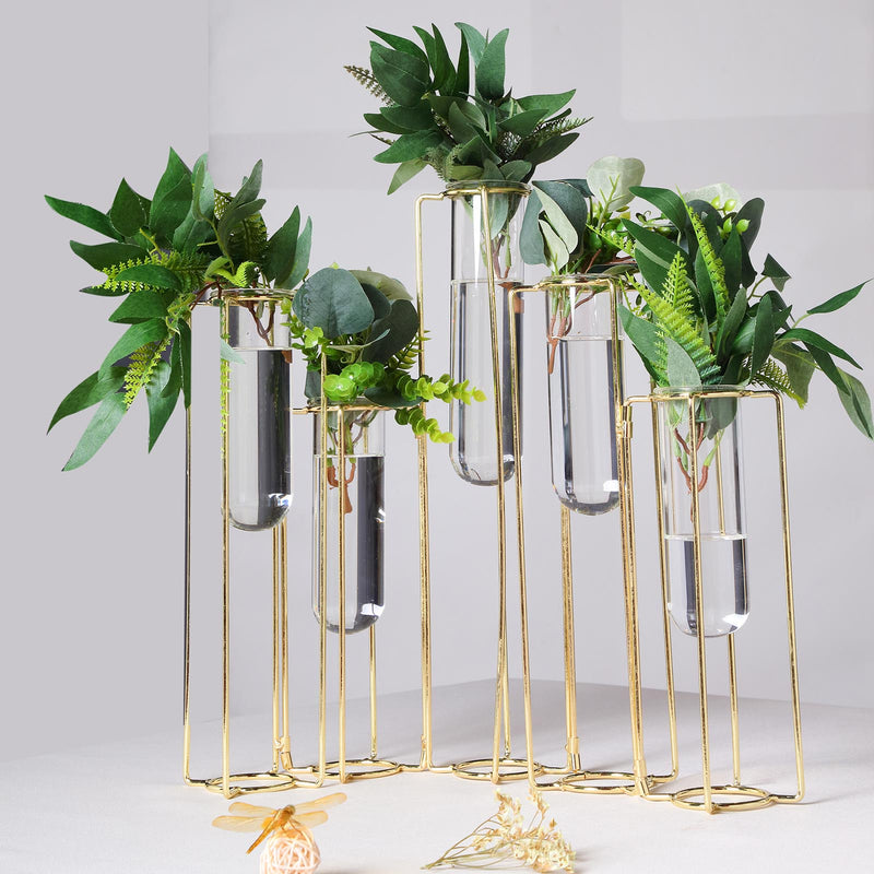 Set of 5 Conjoined Gold Frame Test Tube Hydroponic Vases, Geometric Table Centerpieces 12